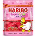 HARIBO Gummi Candy, Sweet & Sour Strawberry Hearts Gummy Candy, 9 Ounce Resealable Share Size Bag, Delicious Soft & Chewy Snacks, Valentine's Day Limited Edition
