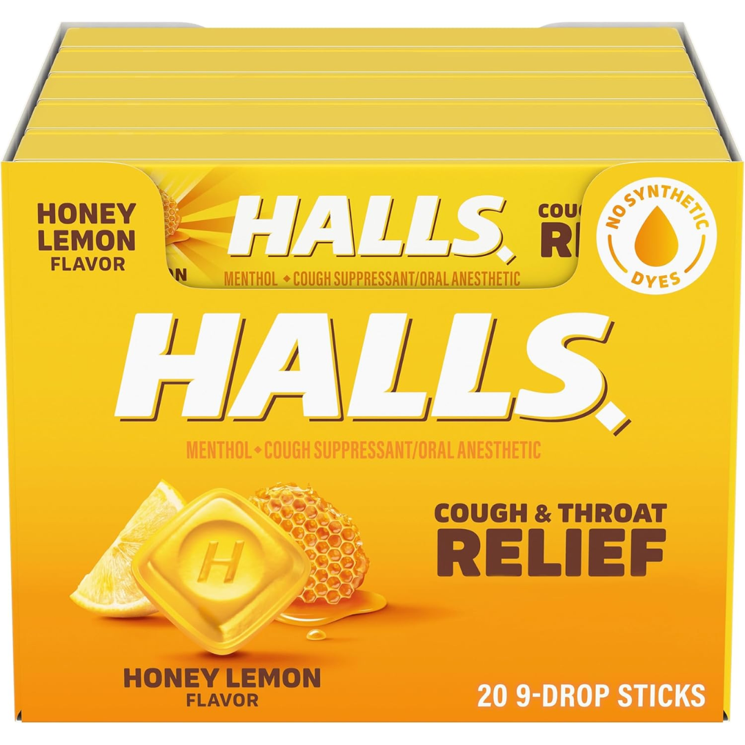 1 Halls Honey Lemon Cough Drops - with Menthol - 180 Drops (20 Sticks of 9 Drops) - Image 1