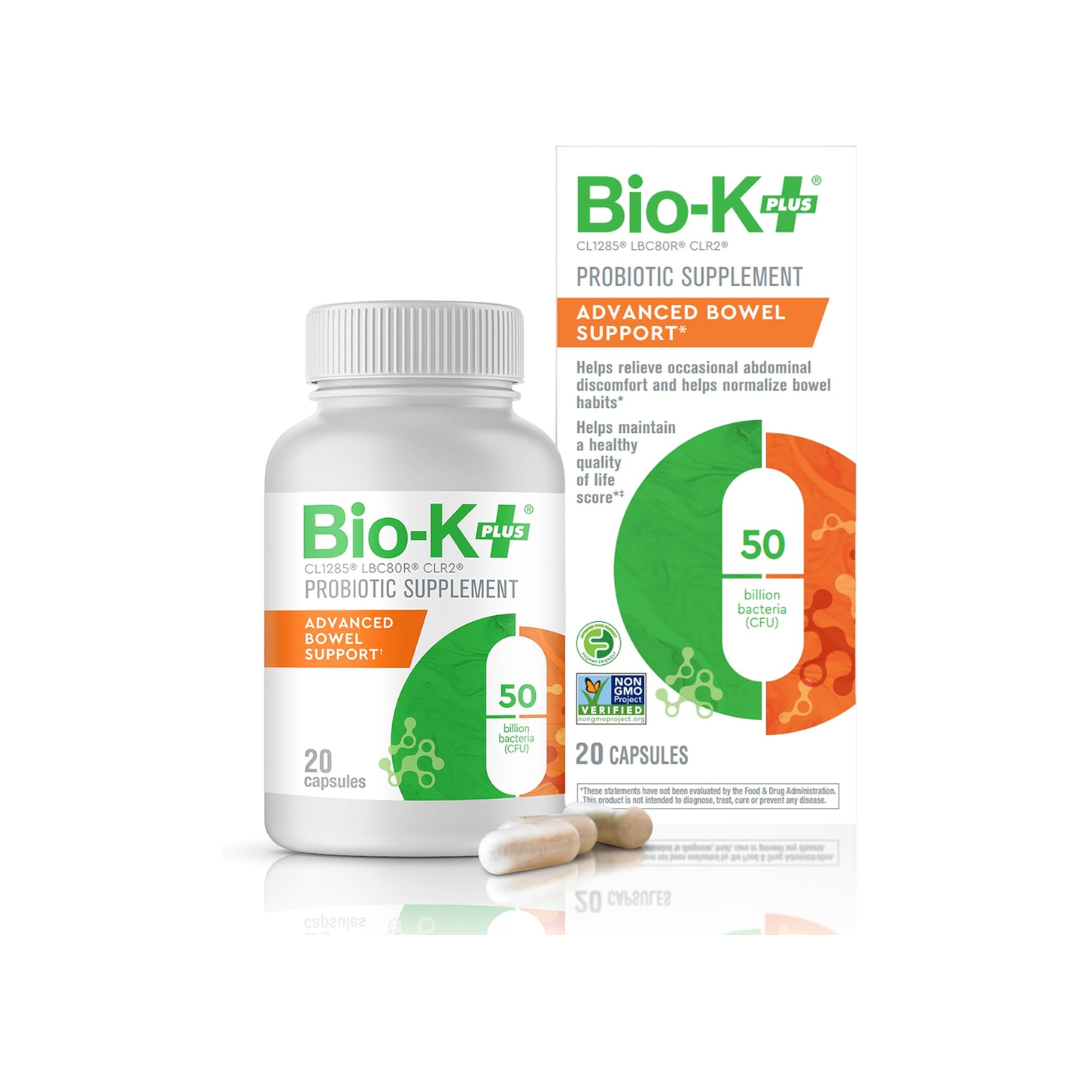 1 Bio-K+ Advanced Bowel Support Probiotic – 50 Billion CFU – Vegan, Gluten-Free, Non-GMO – Supports Digestive Health & Regularity – for Men & Women – 20 Capsules - Image 1